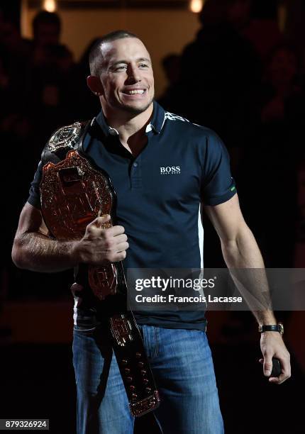 Middleweight champion, George St-Pierre receives homage prior to the NHL game of the Montreal Canadiens and the Columbus Blue Jackets at the Bell...