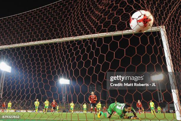 Robin Simovic of Nagoya Grampus converts the penalty to score his side's fourth and hat trick goal during the J.League J1 Promotion Play-Off semi...