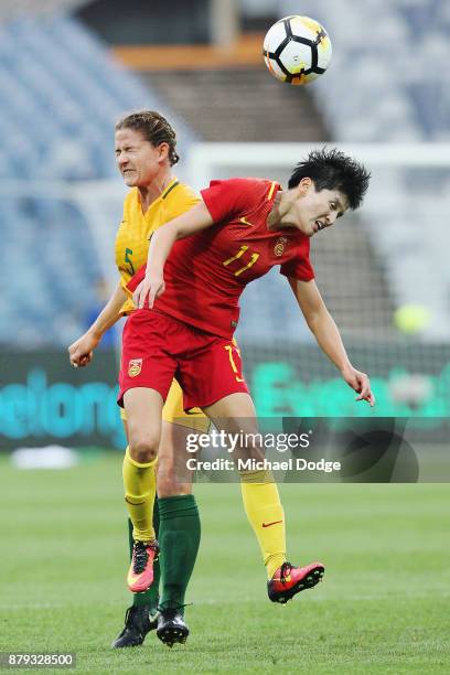 Laura Alleway of the Matildas and Wang Shanshan of China PR compete for the ball during the Women's International match between the Australian...