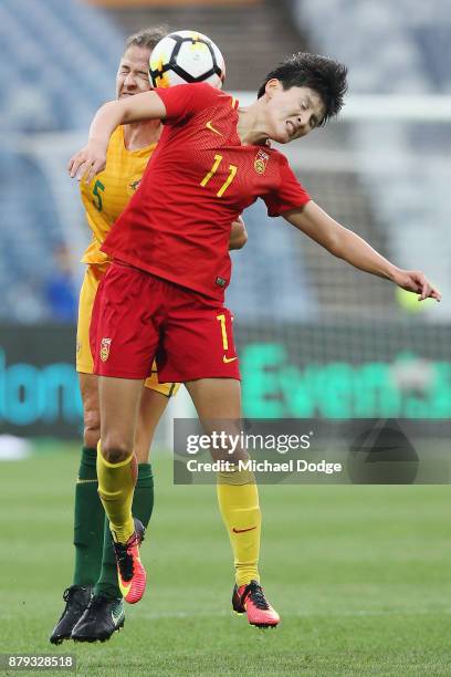 Laura Alleway of the Matildas and Wang Shanshan of China PR compete for the ball during the Women's International match between the Australian...