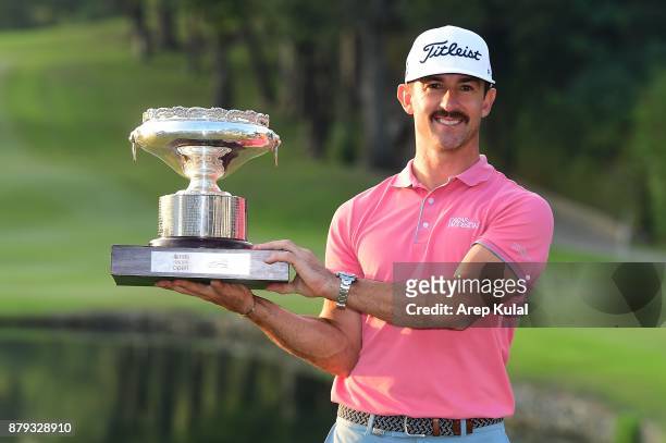 Wade Ormsby of Australia pose with the trophy after winning the UBS Hong Kong Open at The Hong Kong Golf Club on November 26, 2017 in Hong Kong, Hong...