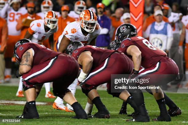 Clemson Tigers defensive end Austin Bryant waits for the snap at the line during the rival football game between the South Carolina Gamecocks and the...