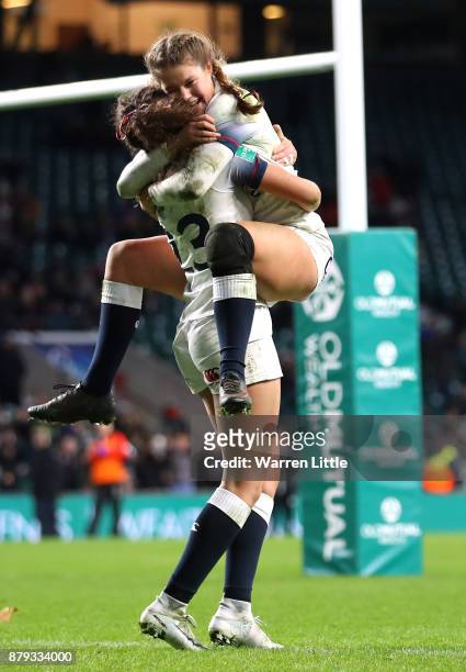 Ellie Kildunne of England and Jess Breach of England celebrate during the Old Mutual Wealth Series between England Women and Canada Women at...
