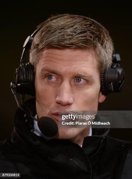 Dublin , Ireland - 25 November 2017; Ronan O'Gara, Racing 92 defence coach and former Ireland international, during commentary for RTÉ before the...