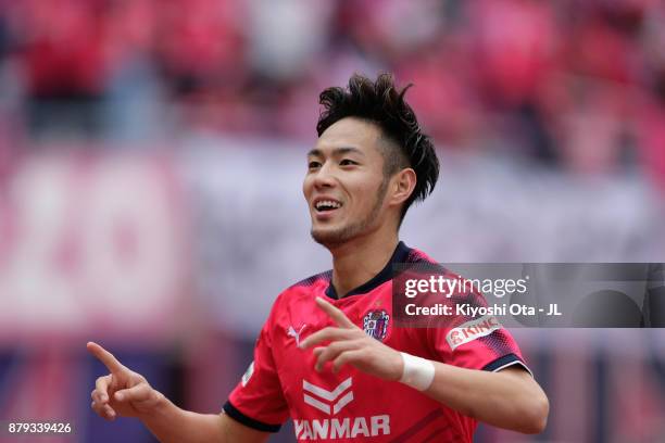 Kenyu Sugimoto of Cerezo Osaka celebrates scoring his side's third goal during the J.League J1 match between Cerezo Osaka and Vissel Kobe at Yanmar...