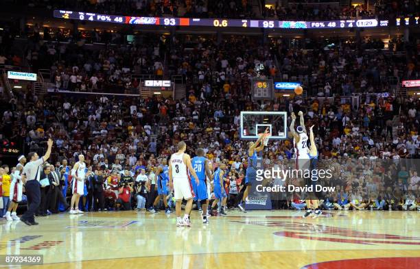 LeBron James of the Cleveland Cavaliers hits the game-winning shot against Hedo Turkoglu of the Orlando Magic in Game Two of the Eastern Conference...