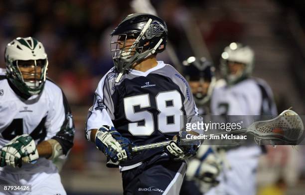 Paul Richards of the Washington Bayhawks controls the ball against the Long Island Lizards during their Major League Lacrosse game on May 21, 2009 at...