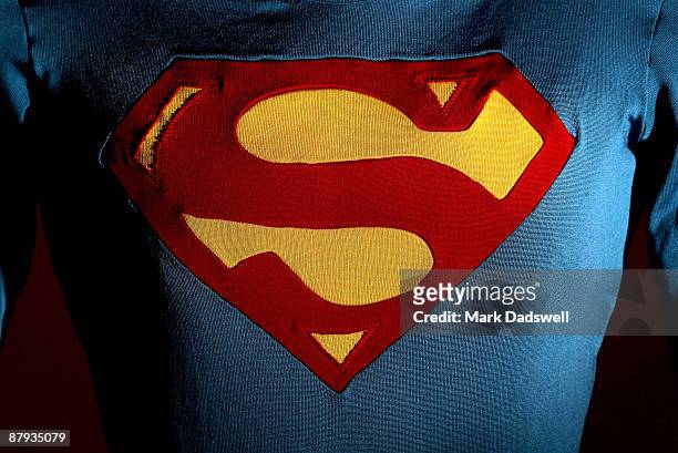 The Superman costume as worn by Christopher Reeve in Superman III is displayed at the Auction House of Bonhams and Goodman on May 23, 2009 in...