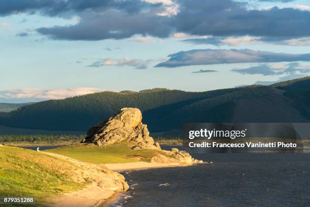 golden light on frog rock on white lake. tariat district, north hangay province, mongolia. - golden frog stock pictures, royalty-free photos & images