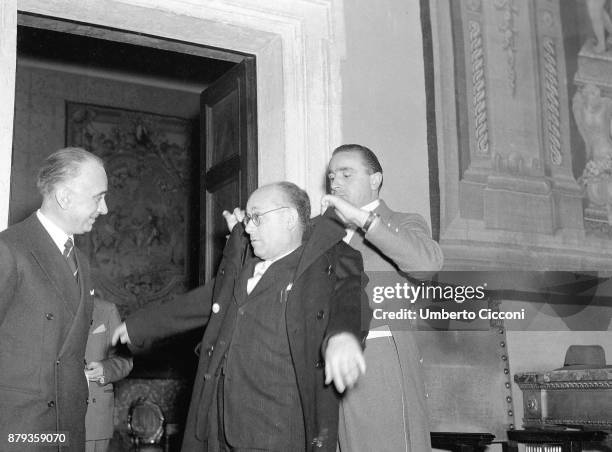 Italian politician Umberto Terracini after a political meeting, Rome 1949.