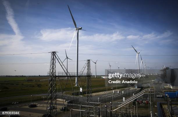 Wind turbines are seen at RWE AG - Eemshaven Power Plant in Groningen, the Netherlands on November 26, 2017. As the one of Europe's most important...