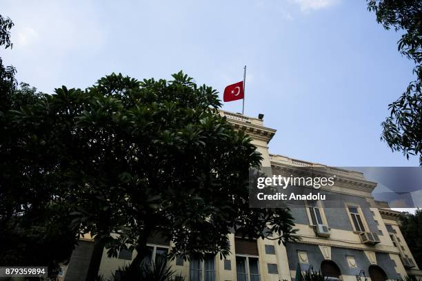 Turkish flag flies at half-staff at the Turkish embassy in tribute to al-Rawdah mosque bombing in the town of Bir al-Abed west of El Arish in North...