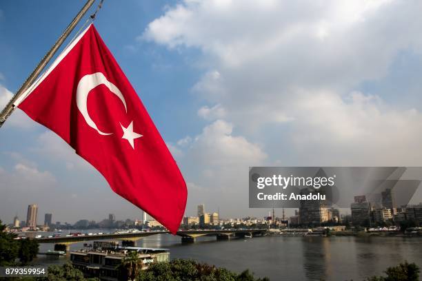 Turkish flag flies at half-staff at the Turkish embassy in tribute to al-Rawdah mosque bombing in the town of Bir al-Abed west of El Arish in North...