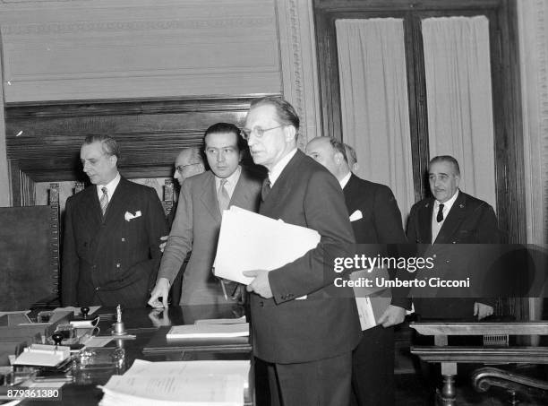 Prime Minister Alcide De Gasperi with politician Giulio Andreotti at 'Palazzo Chigi' in Rome 1947.