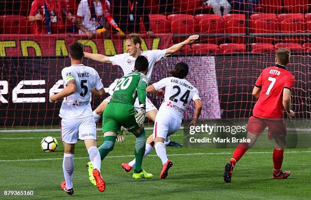 Ryan Kitto of Adelaide United scores his second goal during the round eight A-League match between Adelaide United and the Western Sydney Wanderers...