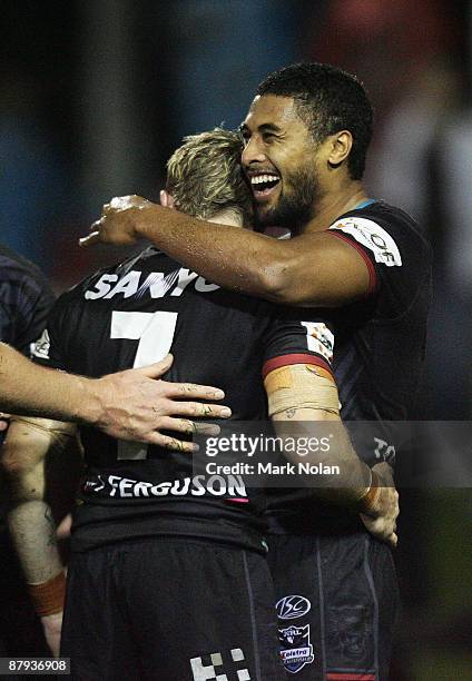 Michael Jennings of the Panthers celebrates after scoring a try during the round 11 NRL match between the Penrith Panthers and the Sydney Roosters at...