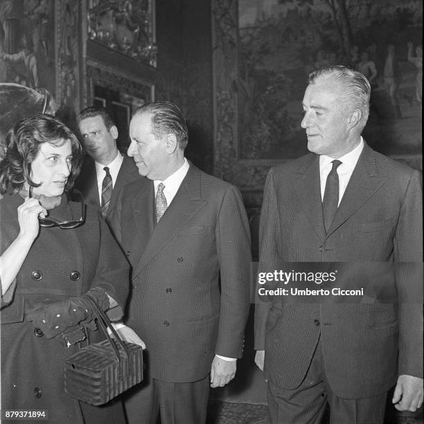 Anna Magnani, Vittorio De Sica and Gino Sotis at the Quirinal Palace in Rome 1958.