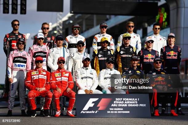 The F1 Drivers Class of 2017 photo before the Abu Dhabi Formula One Grand Prix at Yas Marina Circuit on November 26, 2017 in Abu Dhabi, United Arab...