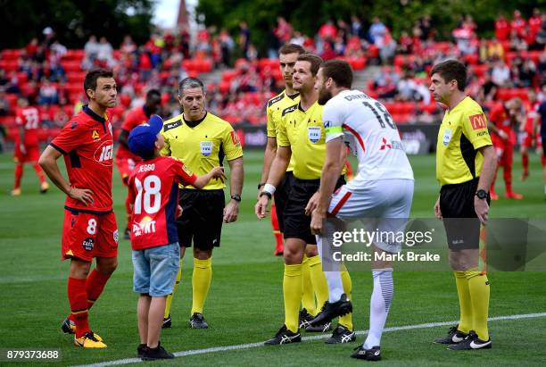 Coin toss during the round eight A-League match between Adelaide United and the Western Sydney Wanderers at Coopers Stadium on November 26, 2017 in...