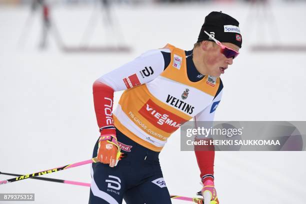 Johannes Hoesflot Klaebo of Norway competes to win the Men's cross country skiing 15km free style Pursuit competition of the FIS World Cup Ruka...