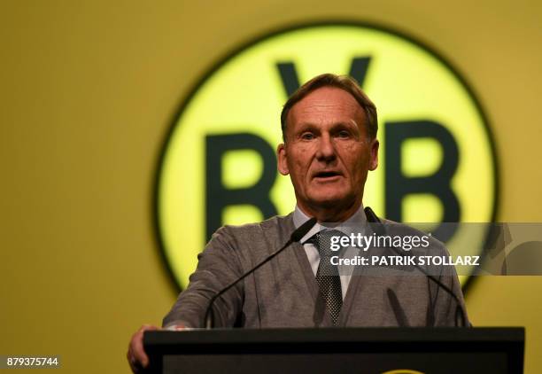 Hans-Joachim Watzke, manager of German first division Bundesliga football club Borussia Dortmund, gives a speech during the club's annual general...