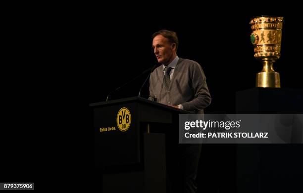 Hans-Joachim Watzke, manager of German first division Bundesliga football club Borussia Dortmund, gives a speech during the club's annual general...