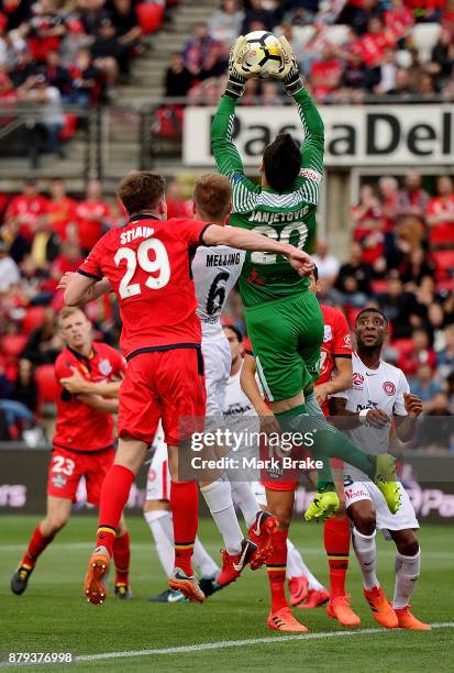 Vedran Janjetovic of West Sydney Wanderers saves during the round eight A-League match between Adelaide United and the Western Sydney Wanderers at...