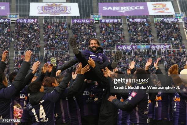 Mihael Mikic of Sanfrecce Hiroshima is tossed into the air after the J.League J1 match between Sanfrecce Hiroshima and FC Tokyo at Edion Stadium...