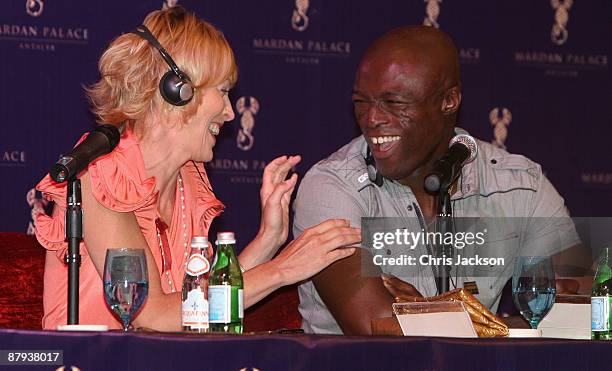 Actress Sharon Stone and singer Seal laugh during a press conference on the launch day of the Mardan Palace at the Mardan Palace Hotel on May 23,...