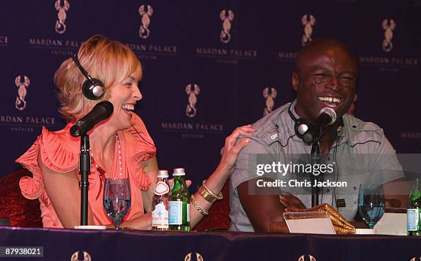 Actress Sharon Stone and singer Seal laugh during a press conference on the launch day of the Mardan Palace at the Mardan Palace Hotel on May 23,...