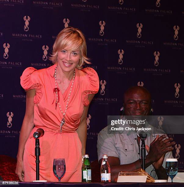 Actress Sharon Stone and singer Seal laugh during a press conference on the launch day of the Mardan Palace at the Mardan Palace Hotel on May 23,...