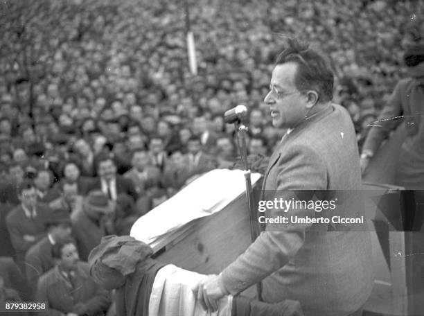 Palmiro Togliatti, leader of the Italian Communist Party, talks during a political meeting for the election on 18th of April 1948.