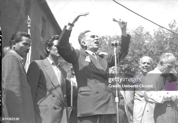 Luigi Longo talks during a political meeting on the day of the assassination attempt of Palmiro Togliatti on the 14h of July 1948. Togliatti survived...