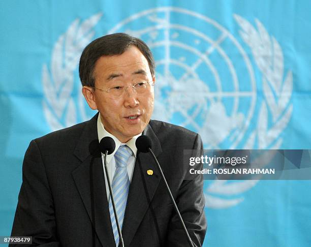United Nations Secretary General Ban Ki-moon speaks during a press conference in Kandy on May 23 after visiting Menik Farm camp, home to thousands of...