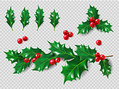 Holly Set. Realistic leaves, branch, red berries. Christmas and New Year decorations. 3d illustration for your layout design