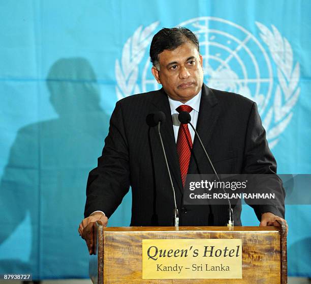 Sri Lankan Minister of Foreign Affairs Rohitha Bogollagama speaks to the media during a joint press conference with United Nations Secretary General...
