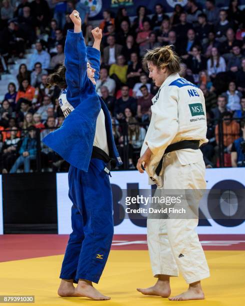 Laura Vargas Koch of Germany celebrates after defeating Natascha Ausma of the Netherlands by a wazari to win the u70kg bronze medal during the The...