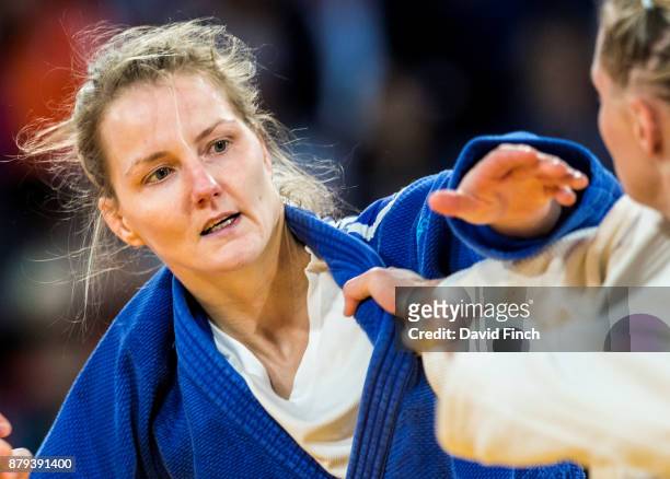 Juul Franssen of the Netherlands defeated Alice Schlesinger of Great Britain by a shido penalty in extra time to win the u63kg bronze medal during...