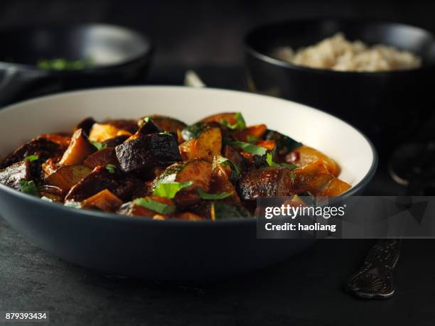 vegetable curry with brown rice - vegetable curry stock pictures, royalty-free photos & images