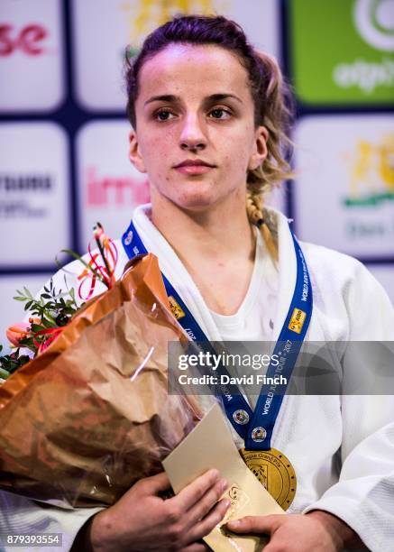 Under 52kg gold medallist, Distria Krasniqi of Kosovo during The Hague Judo Grand Prix at the Sportcampus Zuiderpark on November 17, 2017 in The...