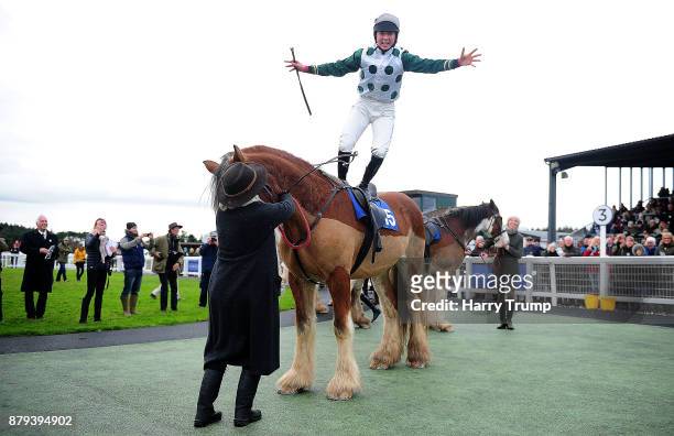 Bryony Frost celebrates on board Stobillee Sirocco after winning the Exeter Racecourse Clydesdale Stakes at Exeter Racecourse on November 26, 2017 in...