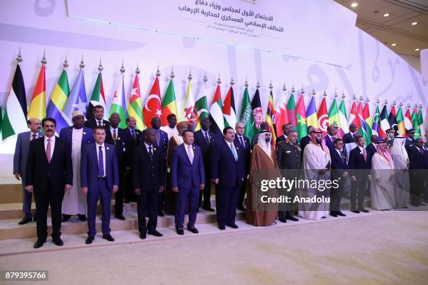 Defense Minister of Turkey Nurettin Canikli poses for a family photo during the Islamic Military Counter Terrorism Coalition Defense Ministers'...