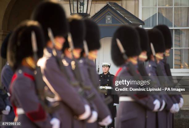 Able seaman Laura Suttle takes her position in a sentry box, as sailors from the Royal Navy perform the Changing of the Guard ceremony at Buckingham...