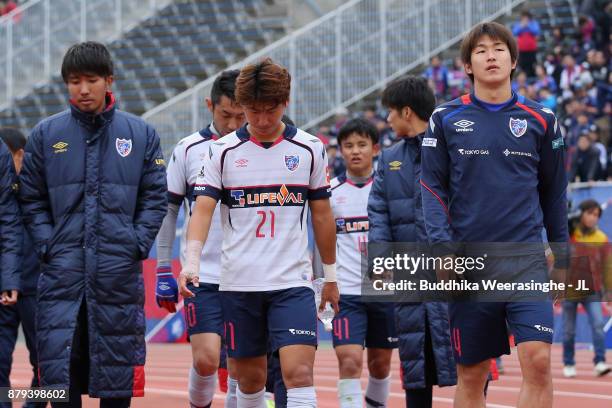 Tokyo players show dejection after their 1-2 defeat in the J.League J1 match between Sanfrecce Hiroshima and FC Tokyo at Edion Stadium Hiroshima on...