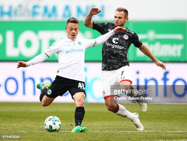 Patrick Sontheimer of SpVgg Greuther Fuerth is challenged by Bernd Nehrig of FC St. Pauli during the Second Bundesliga match between SpVgg Greuther...