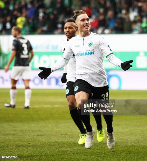 David Raum of SpVgg Greuther Fuerth celebrates scoring the second goal during the Second Bundesliga match between SpVgg Greuther Fuerth and FC St....