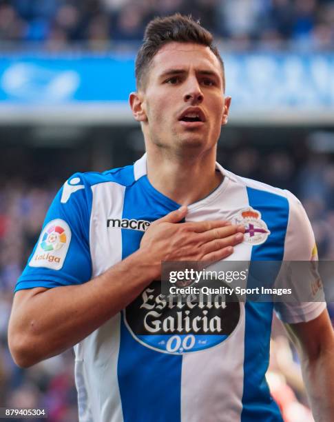 Fabian Schar of Deportivo de La Coruna celebrates the 2 - 2 goal during the La Liga match between Deportivo La Coruna and Athletic Club at Abanca...