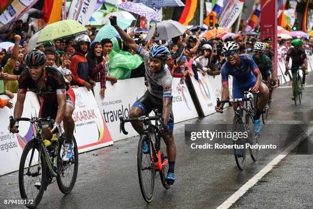 Mohd Shahrul Mat Amin of TSG Terengganu Cycling Team Malaysia celebrates victory during stage 9 of the Tour de Singkarak 2017, Pasaman-Bukittinggi...