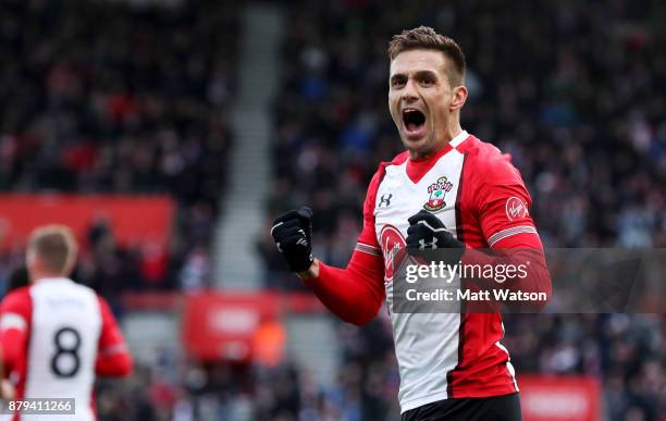 Southampton's Dusan Tadic celebrates after scoring the opening goal during the Premier League match between Southampton and Everton at St Mary's...