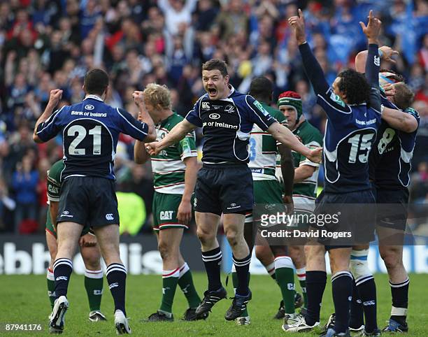 Brian O'Driscoll of Leinster celebrates victory with his team mates as the final whistle is blown at the end of the Heineken Cup Final match between...